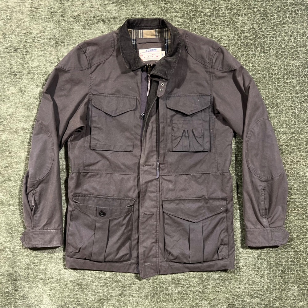 J.Crew Field Jacket Mens Small Brown British Millerain Waxed Cotton Plaid Lining